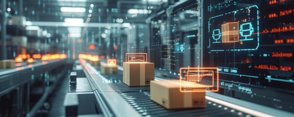 High-Tech Warehouse with Digital Cargo Tracking Interface.
Digital tracking interface overlay on warehouse conveyor.