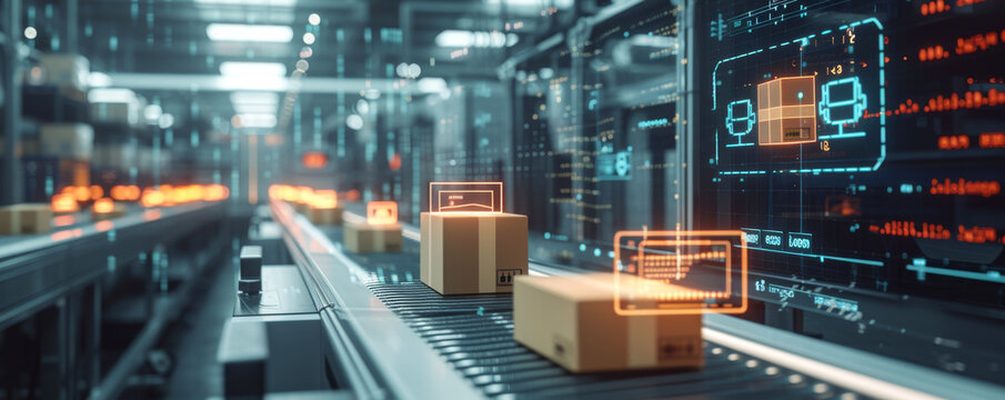 High-Tech Warehouse with Digital Cargo Tracking Interface.
Digital tracking interface overlay on warehouse conveyor.