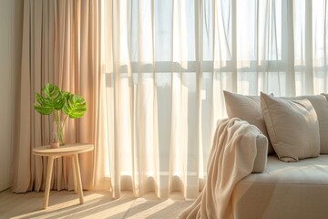 Sunlight illuminates living room interior decor with curtains