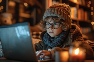 A studious young girl sits by a flickering candle, her glasses reflecting the soft glow as she types away on her laptop, bundled up in a cozy knitted hat while sitting comfortably on her lap