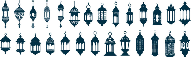Elegant set of varied traditional lantern silhouettes, ideal for festive and cultural celebration themes. Ramadan lamp set in arabic style. Cartoon vector illustration design. - obrazy, fototapety, plakaty