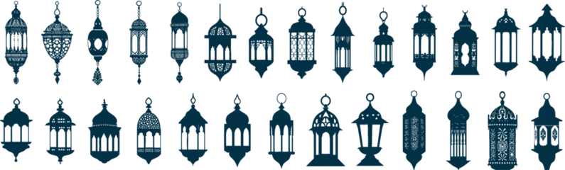 Foto op Plexiglas Elegant set of varied traditional lantern silhouettes, ideal for festive and cultural celebration themes. Ramadan lamp set in arabic style. Cartoon vector illustration design. © Mark