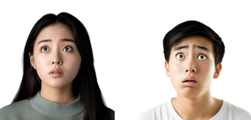 Anxious Korean man and woman: A pair of worried Asians, Isolated on Transparent Background, PNG