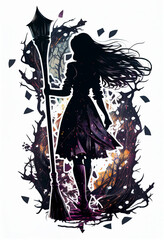 Silhouette of a young witch with a broom. AI Generated
