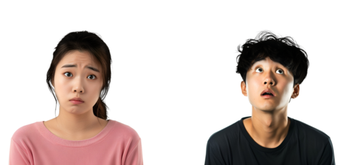 Two worried Asians: Korean man and woman considering and anxious, Isolated on Transparent Background, PNG