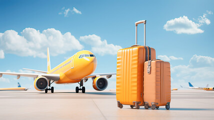 yellow suitcases stand on the runway against the background of an airplane