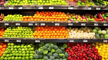 Supermarket shelf with seasonal fruits and vegetables