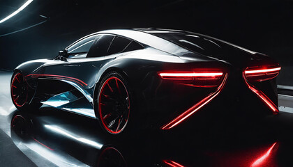 Elegant, futuristic, shiny car of the future with white tail lights