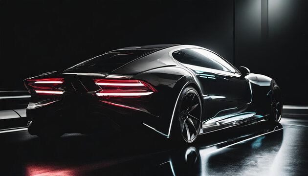 Elegant, futuristic, shiny car of the future with white tail lights