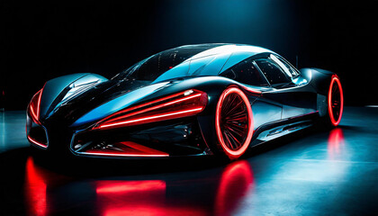Elegant, futuristic, shiny car of the future, red tail lights
