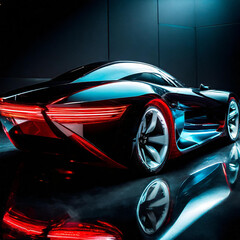 Elegant, futuristic, shiny car of the future, red tail lights