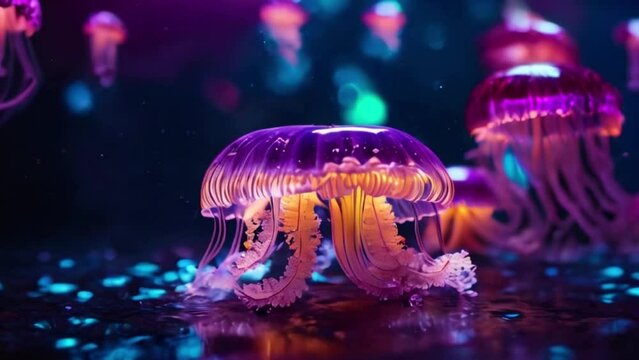 neon jellyfish on the ocean floor, Marine life