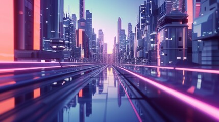 Abstract futuristic city street with buildings and roads 3D render digital illustration