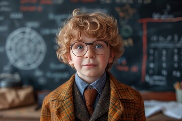 A young man exudes intelligence and sophistication as he stands indoors, donning a sharp suit and glasses that frame his thoughtful face