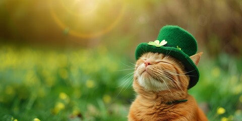Close up portrait of a cat wearing a green leprechaun hat in a St. Patrick's Day costume, banner with copy space
