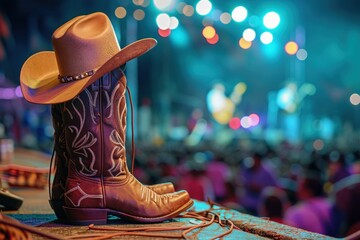 Live concert at a country music festival featuring cowboy hats boots and ranch stables - obrazy, fototapety, plakaty