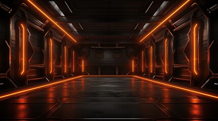 Futuristic dark room in with beautiful red Lighting. Sci-Fi neon glowing lamps in a dark hall.
