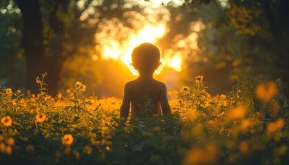 Image of a child exploring nature, conveying the curiosity and wonder of childhood through a candid shot in a park. AI generated image - obrazy, fototapety, plakaty