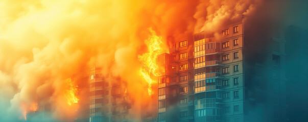 High apartment house consuming by fire. Abstract panoramic background.