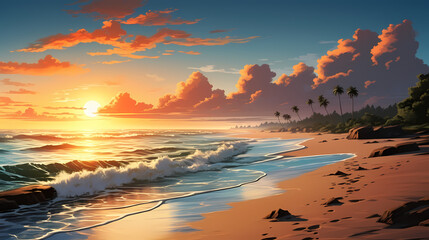 Sandy beach with light blue transparent water waves and sunlight, tranquil aerial beach scene