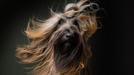 Naklejka premium A dog with long hair blowing in the wind in style of fashion editorial. Dog coat on dark background.