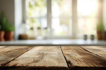 Blurred kitchen window background with a wooden table top