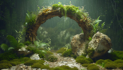 a large wooden arch surrounded by moss and plants in  - obrazy, fototapety, plakaty