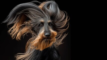Naklejka premium A dog with long hair blowing in the wind in style of fashion editorial. Dog coat on dark background.
