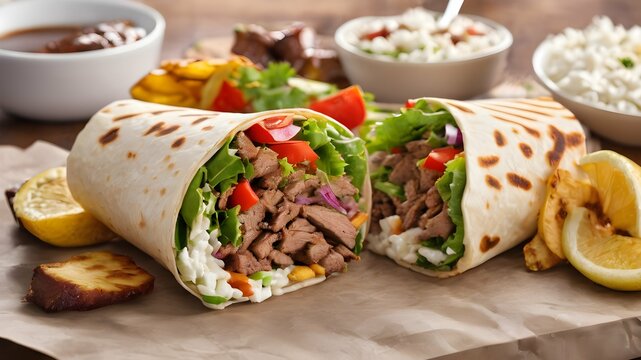 image of a shawarma tightly stuffed with ingredients. food and cooking