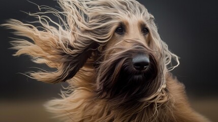 A dog with long hair blowing in the wind in style of fashion editorial. Dog coat on dark background.