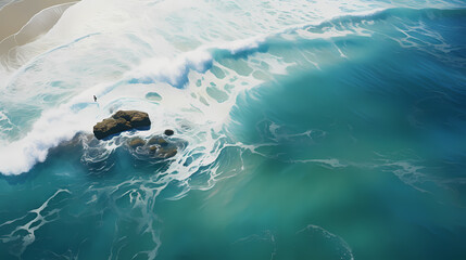 Naklejka premium Sandy beach with light blue transparent water waves and sunlight, tranquil aerial beach scene