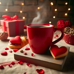 Obraz na płótnie Canvas Sip of Love: Red Coffee Mug on a Valentine's Mode Table