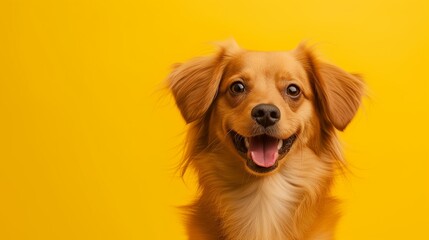 Cute puppy on yellow background. Happy puppy dog smiling. - obrazy, fototapety, plakaty