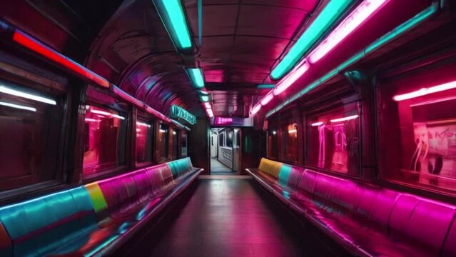 neon sabway with colorful lights, night in the city