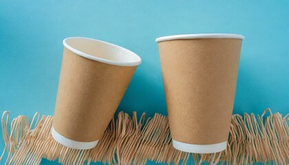 two disposable paper cups on a soft blue background. Infuse a sense of playfulness into the composition, making the cups stand out against the calming backdrop. 