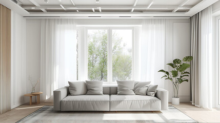 a living room with a grey sofa white ceiling and a wi