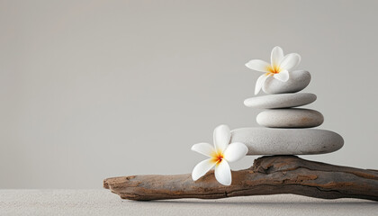 Fototapeta na wymiar Modern minimalistic spa background in neutral colors with balanced stack pebble and flowers.