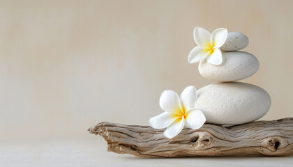 Fototapeta na wymiar Meditation, zen, spa background with balanced stack pebble and flowers.
