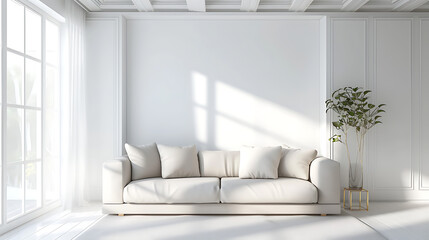 a living room with a grey sofa white ceiling and a wi - obrazy, fototapety, plakaty