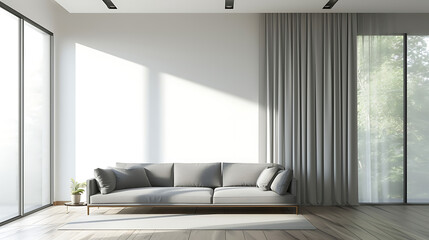 a living room with a grey sofa white ceiling and a wi - obrazy, fototapety, plakaty
