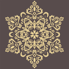 Oriental vector ornament with arabesques and floral elements. Traditional classic round brown golden ornament. Vintage pattern with arabesques