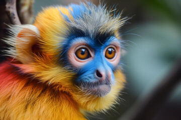 Obraz premium Colorful artistic monkey. rainbow monkeys colorful monkeys. Cute monkey with colored fur of yellow, blue, red. funny studio portrait of monkey