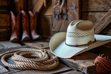 Classic white cowboy hat and leather boots on a ranch floor with a lariat - obrazy, fototapety, plakaty