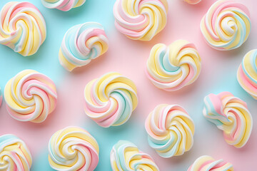 a pastel background with marshmallow in the shape of spiral