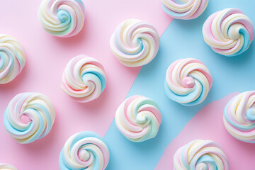 Fototapeta na wymiar a pastel background with marshmallow in the shape of spiral