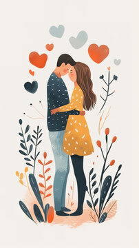 A cute couple clipart, organic forms, desaturated light and airy pastel color palette