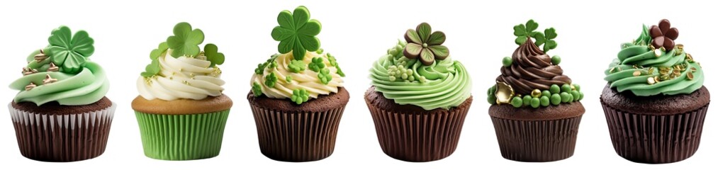 Set of Cupcake green chocolate with cloverleaf cutout on transparent background. St.Patrick&rsquo;s Day. advertisement. product presentation. banner, poster, card, t shirt, sticker.