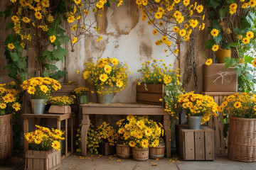full of yellow flowers in jute baskets, wooden accessories, wooden boxes, brown wooden table against the wall, floral garlands of yellow flowers - obrazy, fototapety, plakaty