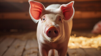 Portrait of cute breeder pig with dirty snout, Close-up of Pig's snout.Big pig on a farm in a pigsty, young big domestic pig in stable. pig farm industry farming hog barn pork. Small piglet. 