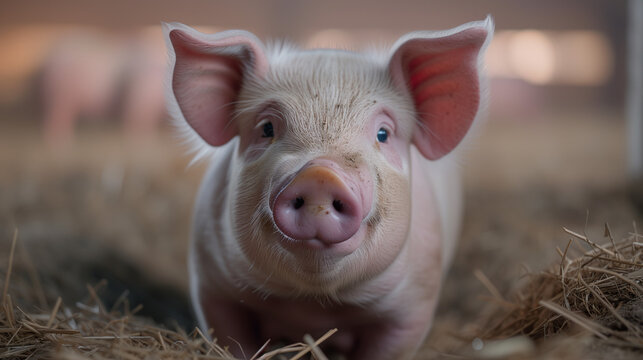 Portrait of cute breeder pig with dirty snout, Close-up of Pig's snout.Big pig on a farm in a pigsty, young big domestic pig in stable. pig farm industry farming hog barn pork. Small piglet. 